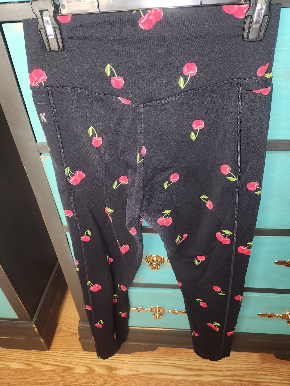 PINK Victoria's Secret Black Leggings with Red Cherry Print